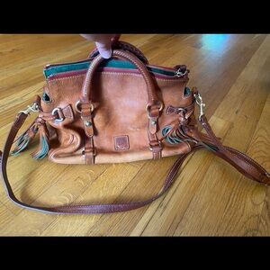 Dooney & Bourke Brown Leather Satchel with Green Zip Accents and Tassels